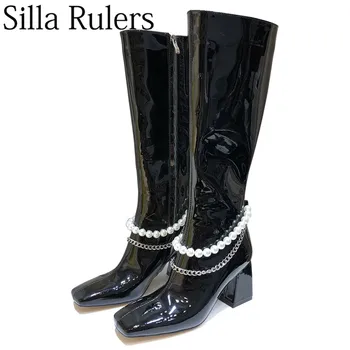 

2019 Runway Chain Over The Knee High Boots Woman Square Toe Genuine Leather Long Boots Woman Chunky Heels Knight Boots Woman