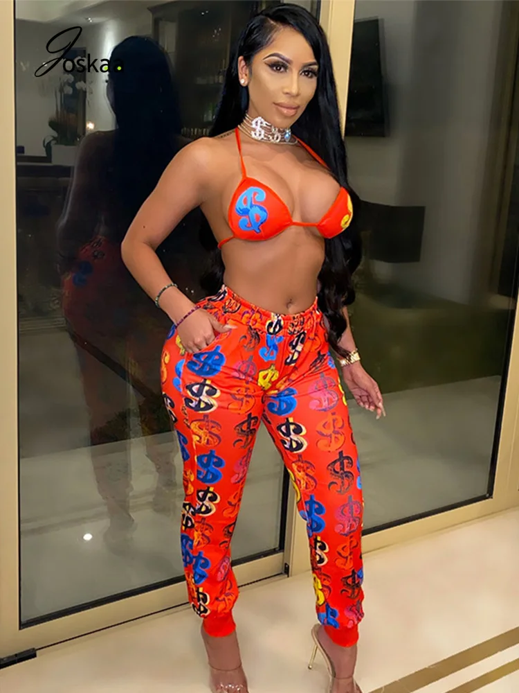 

Joskaa Jogger Women Casual US Dollar Money Print Sexy Matching Set Halter Backless Bras Crop Top Stretchy Sweatpants 2 Piece Set