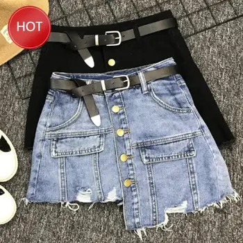 

skirt women fahsion irregular hole single breasted Black denim women high waist mini a-line skirt