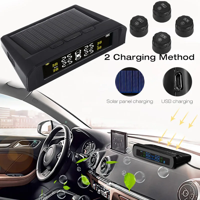 Vehemo Solar Power LCD Display Car TPMS Tire Pressure Monitoring System Alarm Tool Universal Anti-Explosion External Sensor