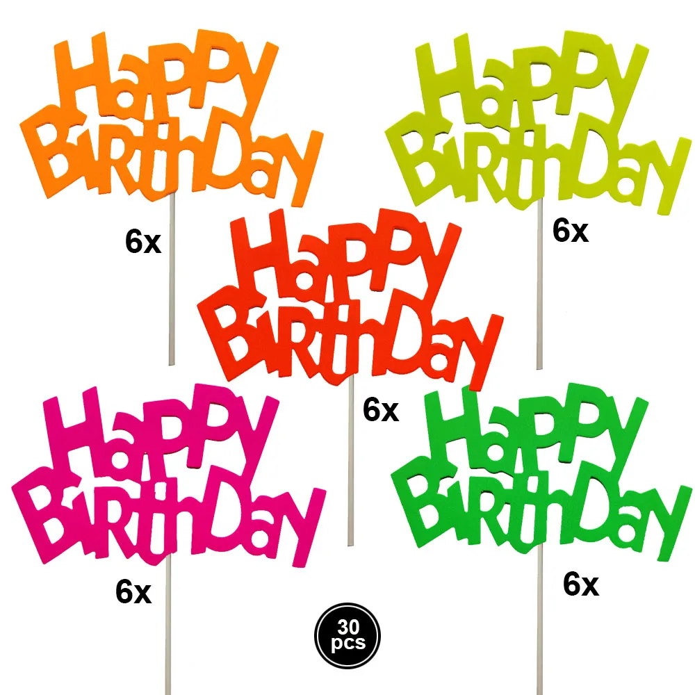 Description Picture 2 of item30 Pieces Glow Party Neon Supplies Glow in UV light Happy Birthday Cake Cupcake Toppers Black Light Birthday Party Decoration