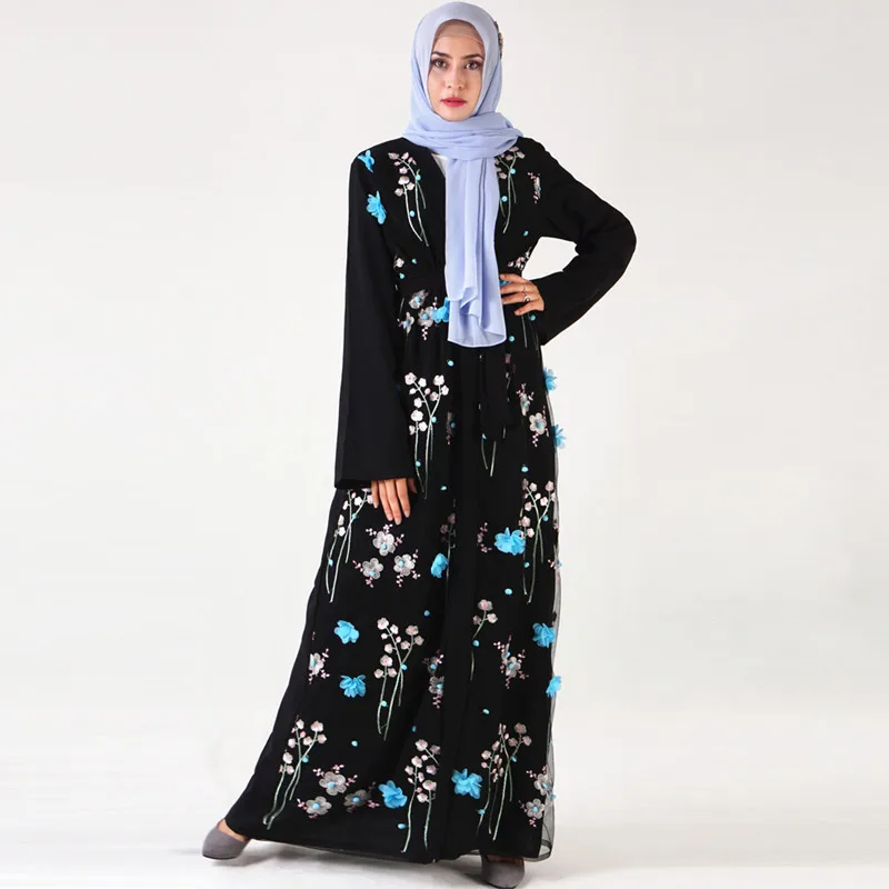 3D цветок Открытый мусульманская абайя для женщин платье хиджаб Caftan кимоно кардиган абайя, Кафтан Дубай Катара Оманская одежда Femme Исламская одежда - Цвет: Black Bue