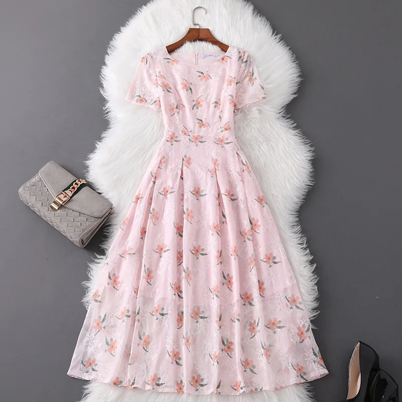 

Spot Goods 2020 Summer New Printed Chiffon Dress Elegant Lady Embroidery Floral Long Dress for Women Woman Skirts