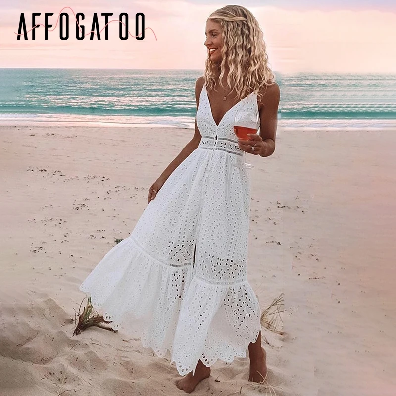 Cena Affogatoo seksowna dekolt w szpic bawełniana letnia biała sukienka damska elegancka długa sukienka na ramiączkach z haftem Casual wysoka talia sukienka z guzikami kobieta