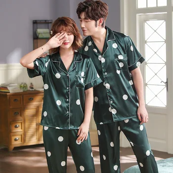 

Green Print Intimate Lingerie Casual Oversize 3XL Pyjamas Homewear 2020 New Lovers Sleepwear Satin 2PCS Pajamas Suit Nightwear
