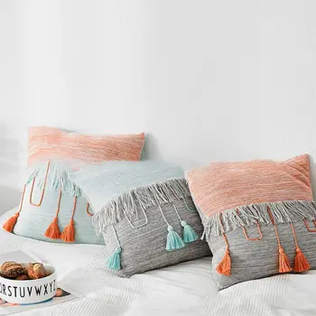 

Contrast Color Cotton Pillow Case with Fringe Tassels Decorative Cushion Cover K4UA