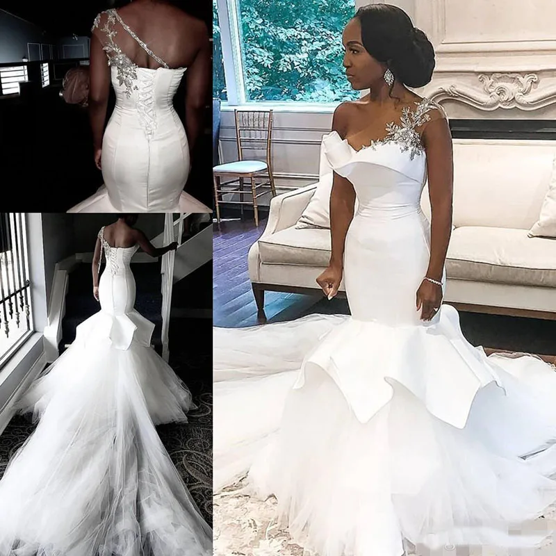 

2020 Arabic Plus Size Mermaid Wedding Dresses robes de soirйe One Shoulder One Shoulder Wedding Gowns Beaded Long Train