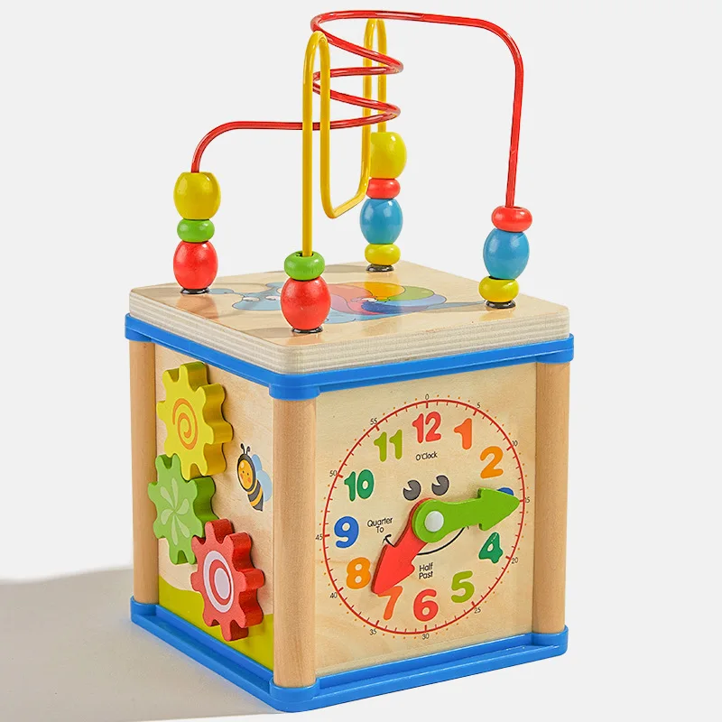 

Early Childhood Education Children's Wooden Clock Multi-functional Round Bead Toys Treasure Box Four-sided Intelligence Game