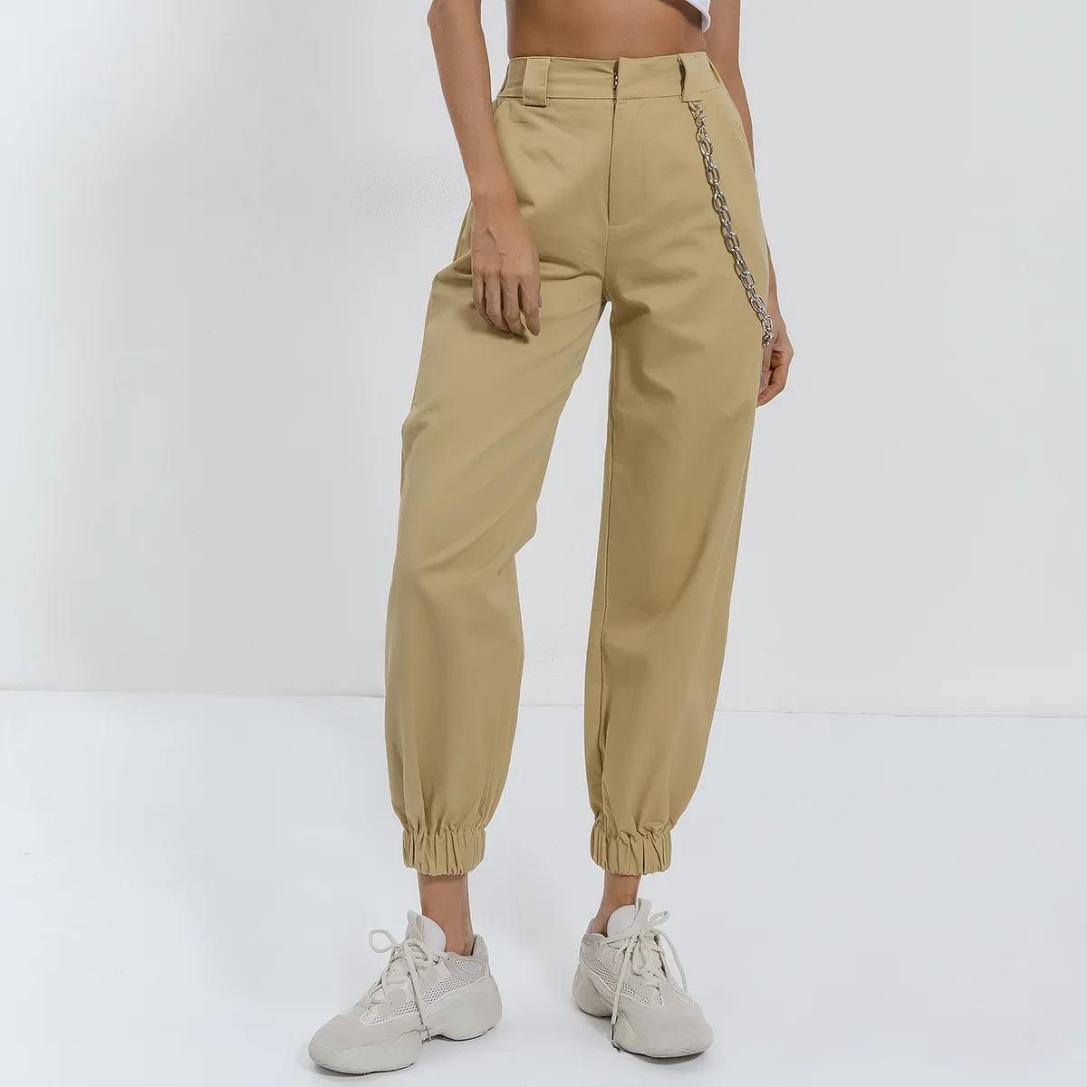 Khaki With Chain Для женщин Повседневное луч штаны цепи рабочие брюки свободные однотонные Цвет Высокая Талия Брюки - Цвет: Khaki With Chain