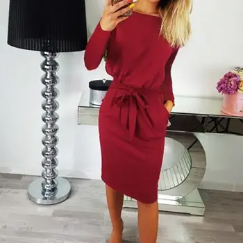 

Hot Women Sexy Solid Color O Neck Long Sleeve Belted Bodycon Midi Dress with Pockets