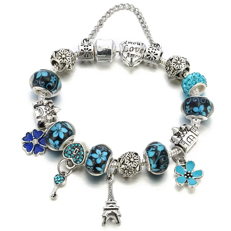 

Europe And America Popular Pan Style Fashion Blue Crystal Large-hole Bead Bracelet Hot Selling Single Product