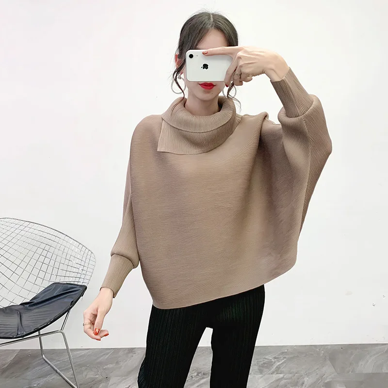 New Winter Plus Size Women Tshirt Solid Turn-down Collar Long Sleeves Bottoming Miyake Pleats Casual Loose Ladies Hoodies