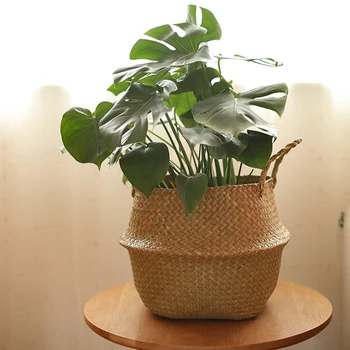 

Multifunctional Storage Basket Foldable Flower Basket Flower Pot Laundry Basket Big Belly Two Handles Foldable Weaving Basket
