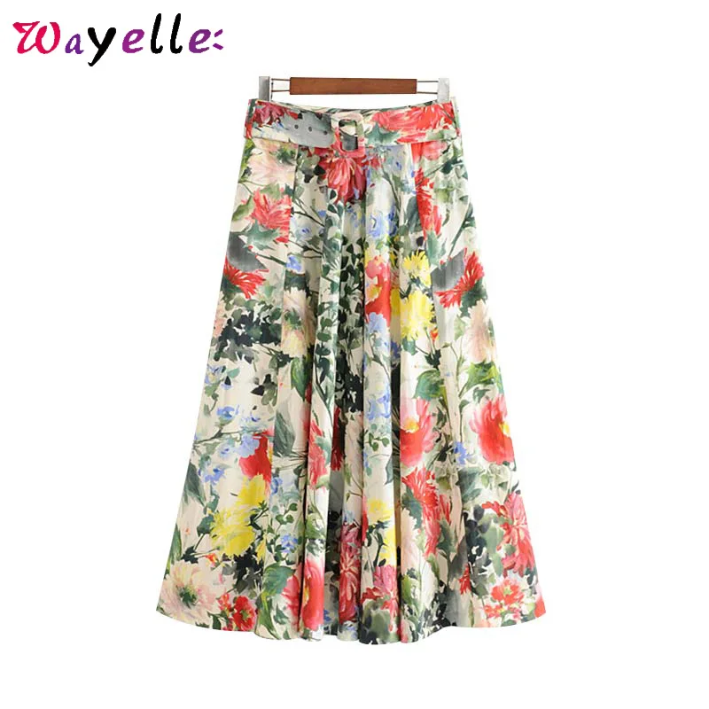 

Women Floral Print Pleated Skirt Beach Style Sashes Pleated Back Zipper Fly Midi Skirt Design Female Stylish Casual A-line Skirt