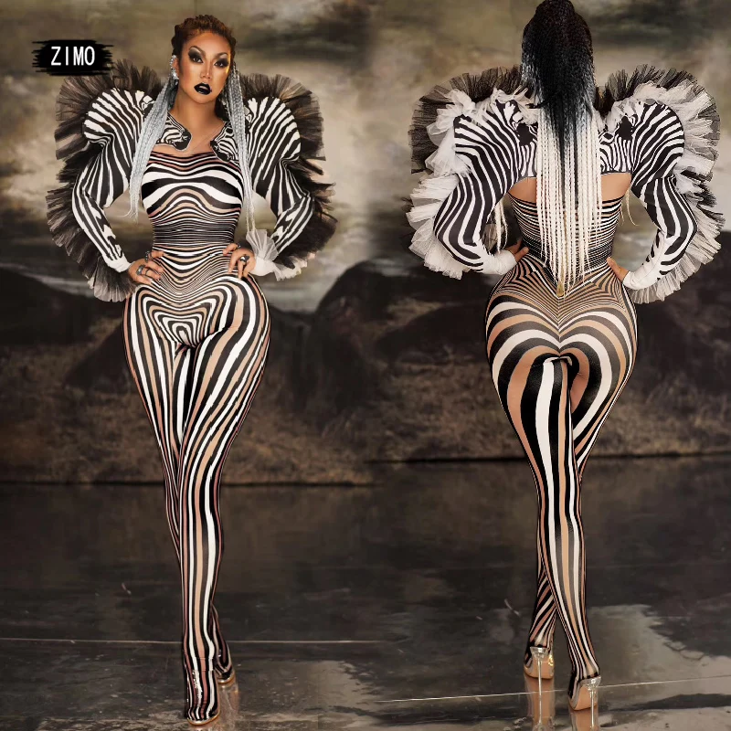 

Zebra Pattern Jumpsuit Women Singer Sexy Stage Outfit Bar DS dj Dance Bodysuit Performance Show drag queen cosplay Costumes rave