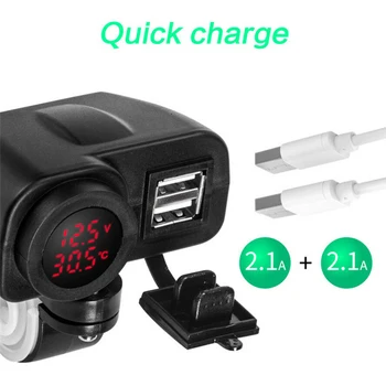 

Red LED 12V Motorcycle USB Charger 2.1A+2.1A w/ Digital Voltmeter + Thermometer