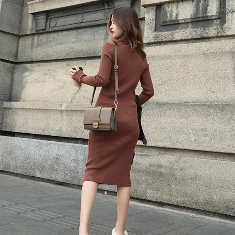 

Autumn Winter Women Dress High Collar Solid Color Dress Knit Mid-long Slim Dress Feme