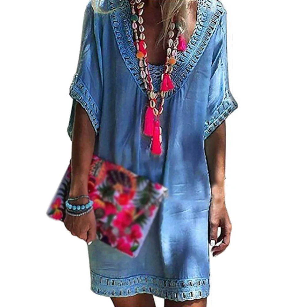 Женское пляжное летнее выдолбленное платье, однотонное, модное, короткий рукав, свободное, один размер, мини, женское пляжное платье с v-образным вырезом - Цвет: Dark Blue