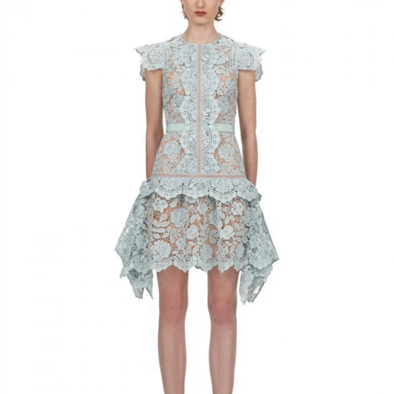 Women Dress Spring 2020 Female Lace Short Designer High Quality Runway Dresses Blue Backless Elegant Holiday Party |