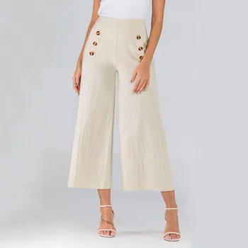 

2019 Women All-match Leg Pants Fashion Linen Cotton Pants Solid Casual High-waist Full-length Pants Buttons Breathable trousers
