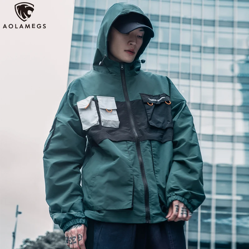 

Aolamegs Jackets Men Funny Multi-Pocket Jacket Hooded Tracksuit Coats Casual Hit Color Loose Cargo Windbreaker Couple Streetwear