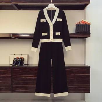 

Plus Size Small fragrance Knitted Sweaters Black 2 Piece Set Women V-Neck Cardigan Tops + Wide Leg Pants Two Piece Set Knit Suit