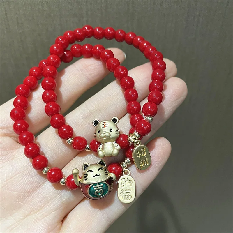 2022 New Lucky Tiger Head Bracelets For Women Girls Red Crystal Beaded Charm Cat Bracelets & Bangles Gifts Wholesale