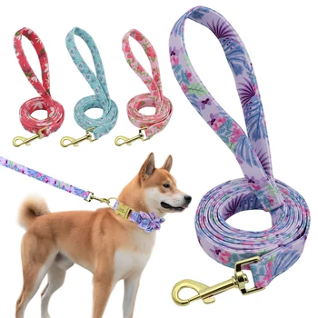 

Popular Flower Pattern Dog Leash with Gold Metal Buckle for Small Medium Dog Nylon 150cm Printed Lead Puppy Walking Leash