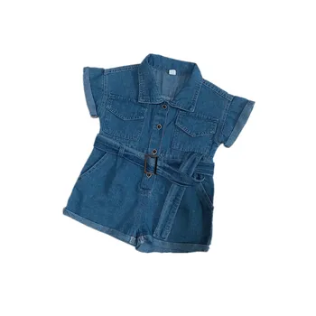 

Japanese Hot Sale baby girls Rompers 0-5 years old Children's Jumpsuits Korean cotton Denim short sleeve jumpsuit sashes
