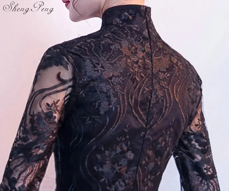 Модное черное элегантное платье Cheongsam, женское кружевное платье Qipao, китайское традиционное свадебное платье Qi Pao, восточные воротники V1822