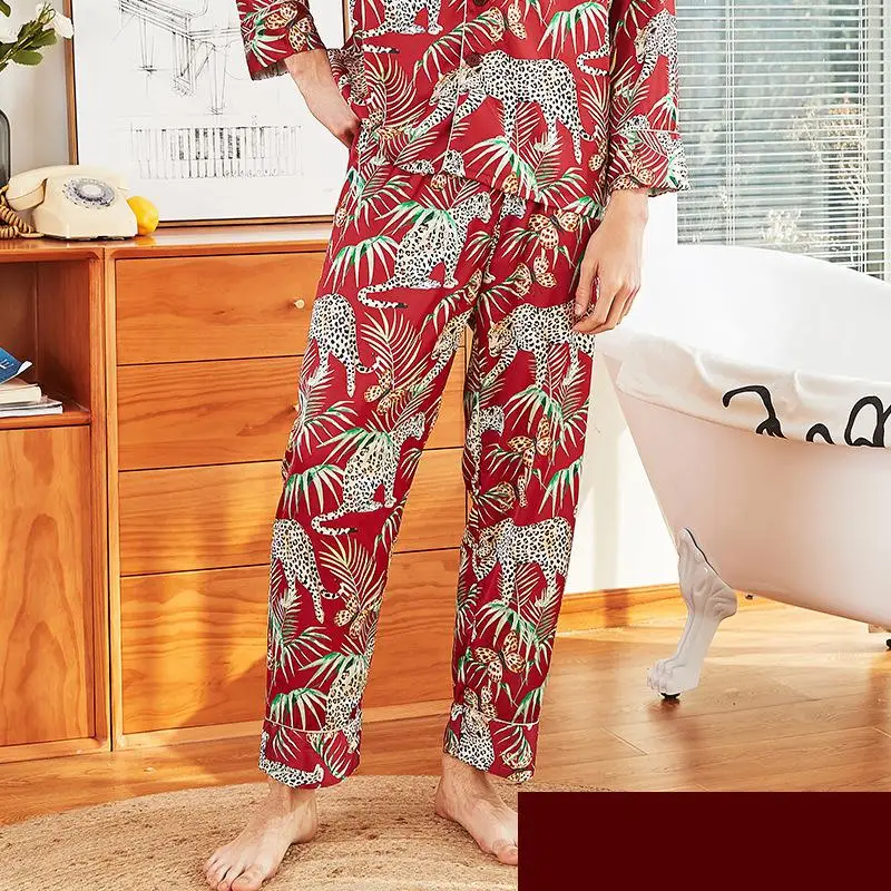 CEARPION мужские Пижамные брюки, атласная пижама, мягкая ночная рубашка, брюки, элегантные пижамные штаны с принтом Журавля, Мужская Ночная одежда для отдыха - Цвет: Red2 Pants