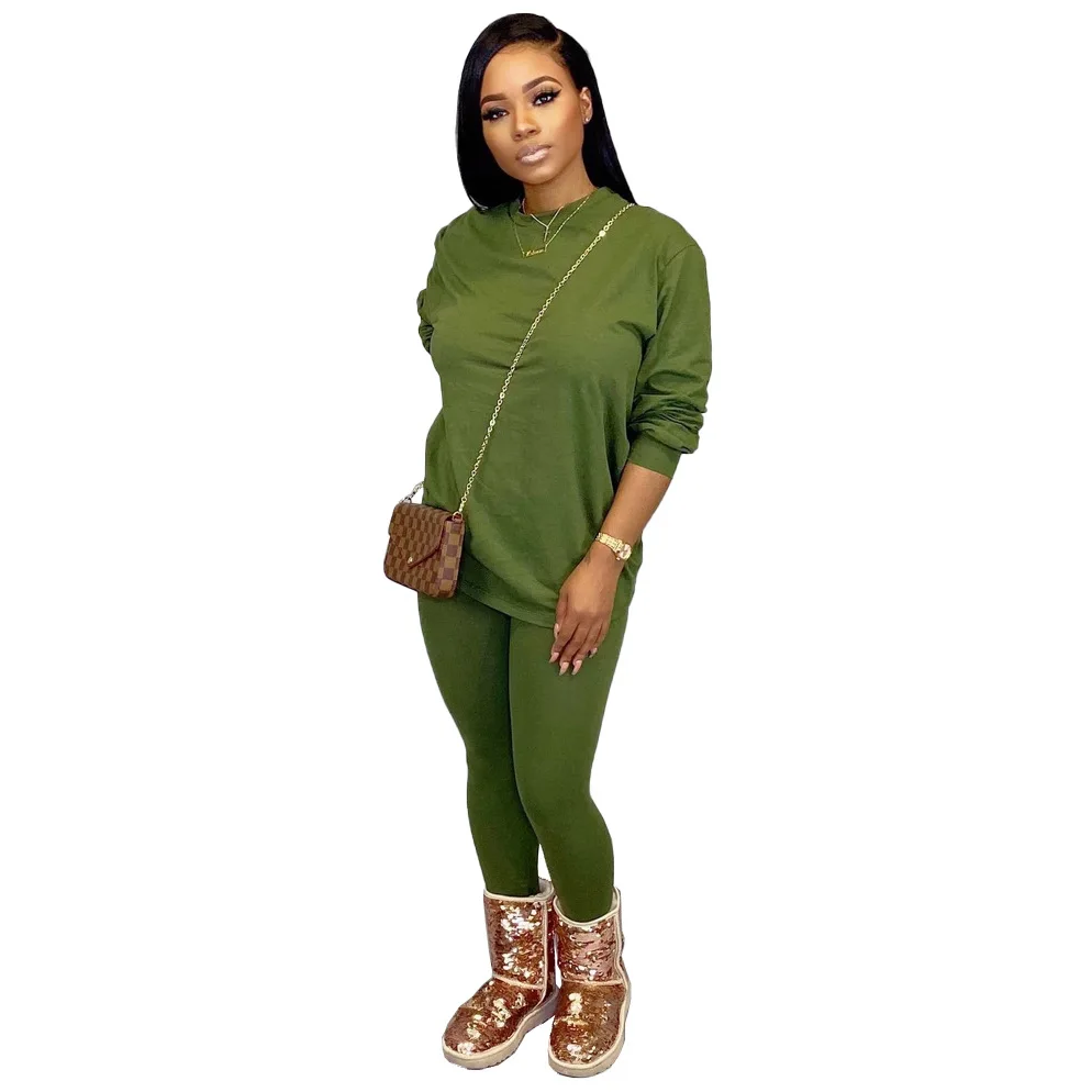 Повседневные комплекты из 2 предметов размера плюс, женский спортивный костюм с длинным рукавом, свободный топ и брюки-карандаш, спортивные костюмы, осенне-зимняя одежда - Цвет: Green