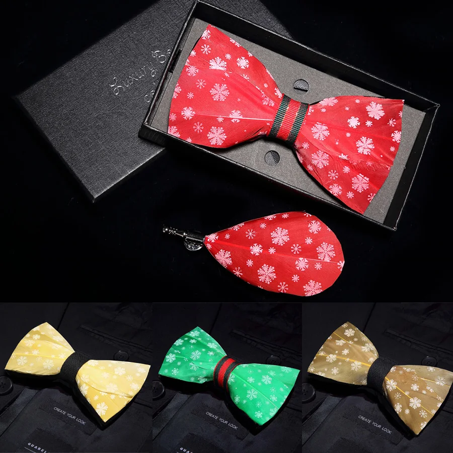 Бренд Ricnais, дизайнерский Рождественский галстук-бабочка, красный, зеленый, Одноцветный, снежинка, натуральный галстук-бабочка с перьями для мужчин, подарки на Рождество и вечеринку, галстуки