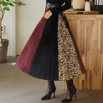 

Print Women Velvet Pleated Skirt High Waist Korean Elegant Office Ladies Multi-Color Patchwork Midi Skirts Spring 2020 Autumn
