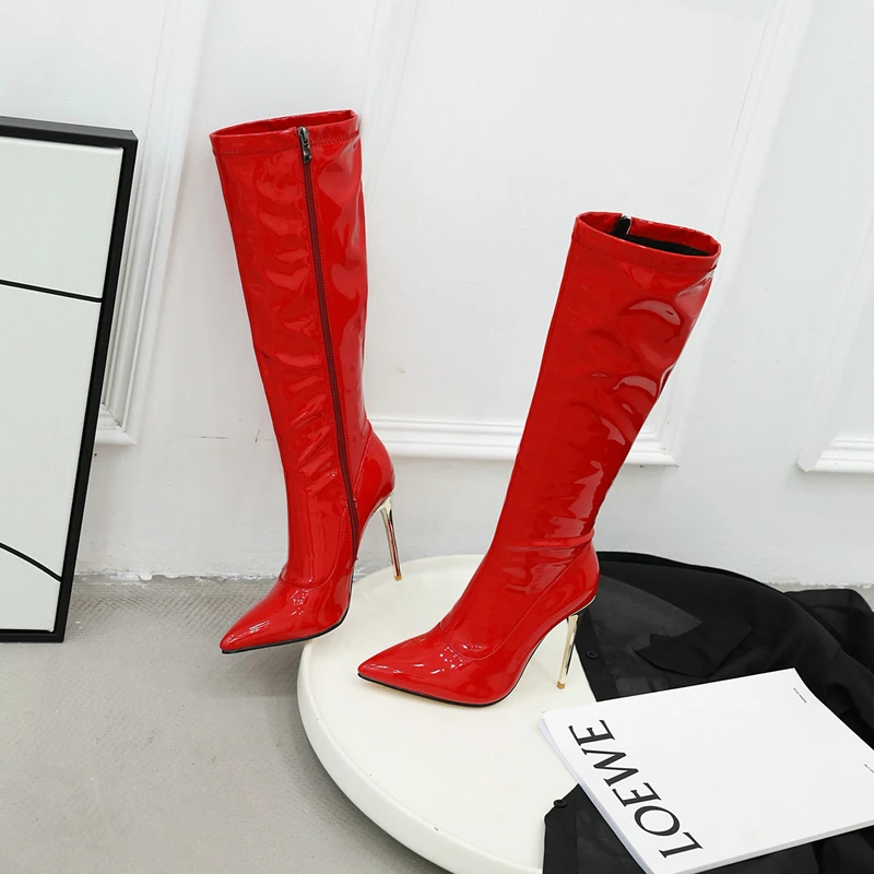 Black Red White Patent Leather Sexy Knee High Boots Super Heel Women's Tall Boots Pointy Toe Winter Dress Boots Side Zipper