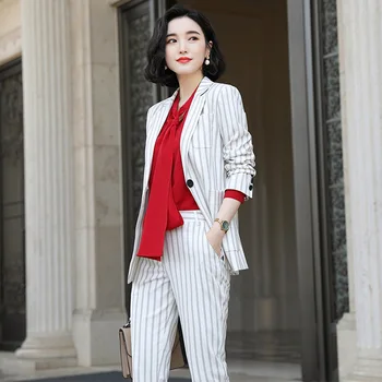 

2020 Autumn New Suit Suit Female White Striped Small Suit Jacket Korean Fashion Professional Wear Two-piece Suit Formal Suit