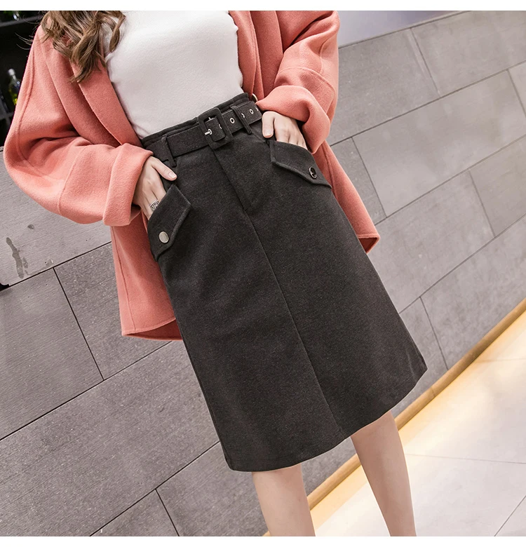 Trytree Autumn Winter Woman Casual Skirt Belt Pockets Fashion Skirt Solid 3 Colors Skirts A-Line Knee-Length Office Lady Skirt