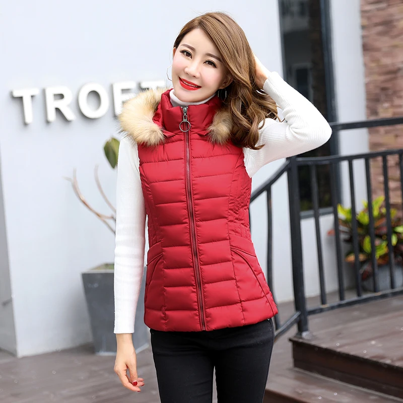 Goedkoop Swredmi Bontkraag Vrouwen Winter Vest Korte Vest Vrouwelijke Jas Jas Mouwloze Dikke Warme Vest Hooded Voor Meisjes M 3XL