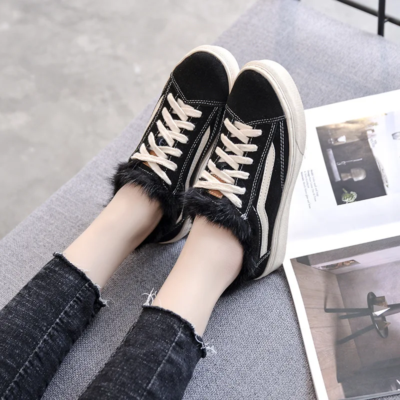 

Mink Fur Genuine Leather Women's 2019 New Style Winter Versatile WOMEN'S Flat Shoes Casual Students Women's Lace-up plus Velvet