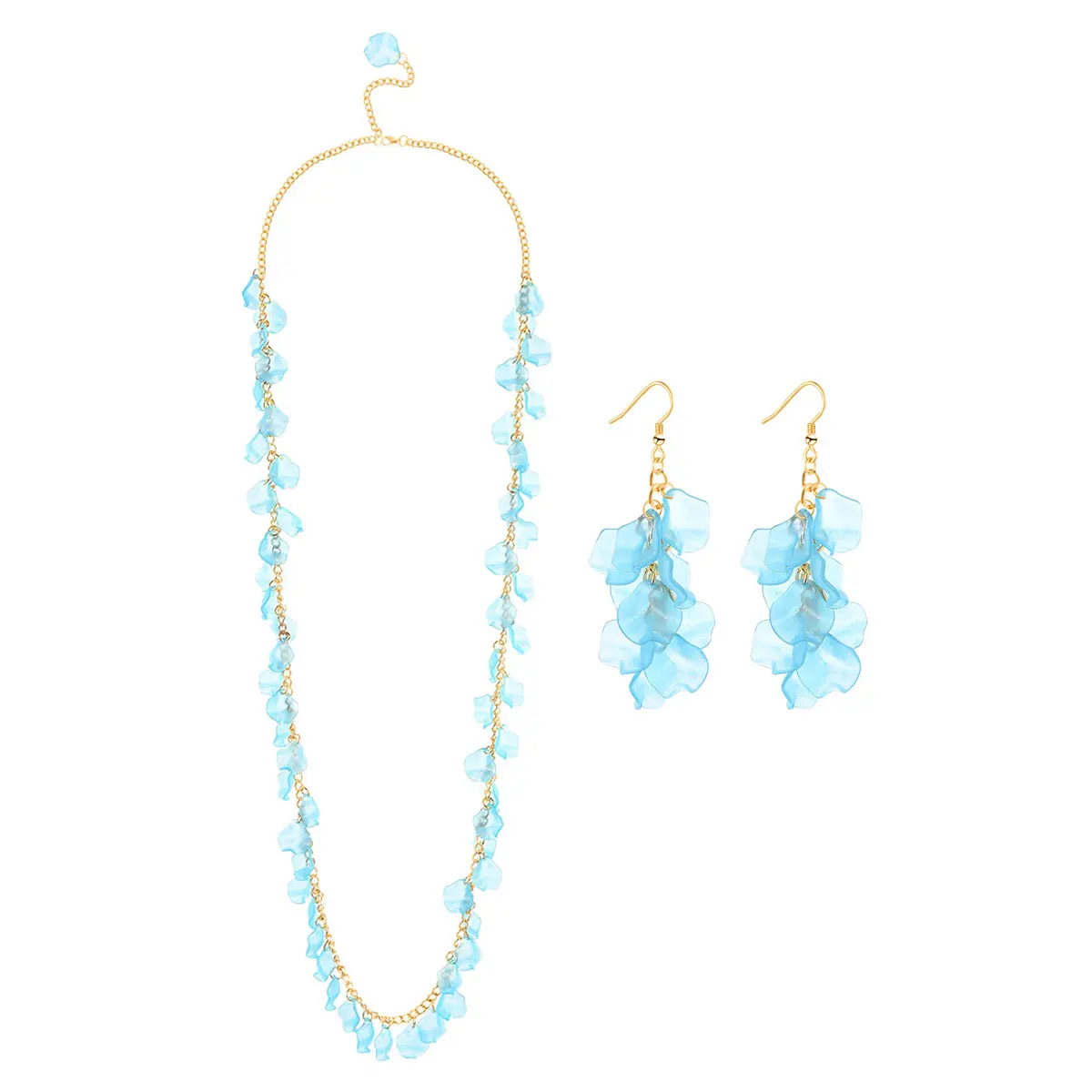 

Beautiful Sky Blue Petal Necklace Earrings Sweet Flowers Pure Valentine's Day Gifts for Women Acrylic Pendant Gold Chain 1261