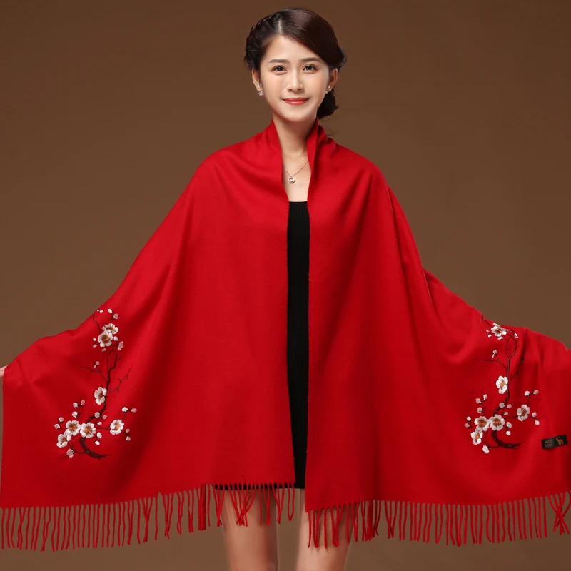 Women Solid both ends Embroider Shawls Autumn Winter New Ladys Pashmina Cashmere Thickening Edging Long Scarf Warp Gift