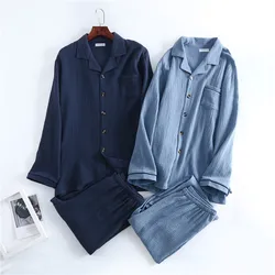 Spring and Autumn New Men's Pajamas Long-sleeved Trousers 100% Cotton Crepe Buttoned Plus Size Home Suit Set Sleepwear Mens