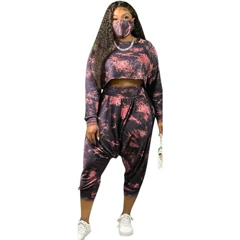 

4XL 5XL Plus Size Tie Dye Autumn Casual Two Piece Set Trousers Women Suit Harem Pants Long Sleeve Crop Top Matching Sets Outfit