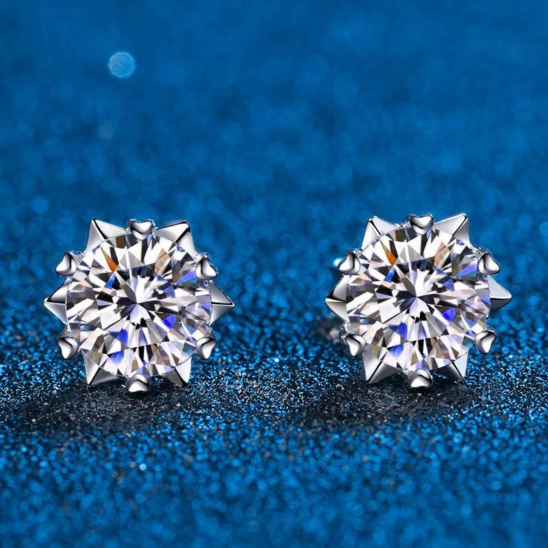 100% Moissanite Stud Earrings 0.6-4CT Platinum Plated Sterling Silver VVS Lab Diamond Snowflake Ear Studs For Women Fine Jewelry