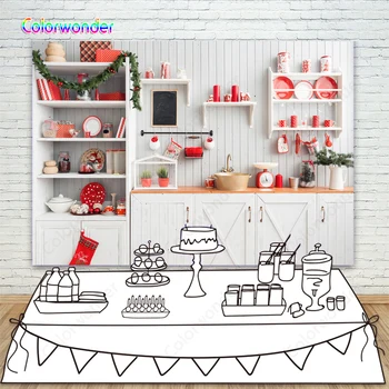 

Red Christmas Photography Backdrops Interior Kitchen Decoration Background White Wood House Backdrop for Family Kids Photoshoot
