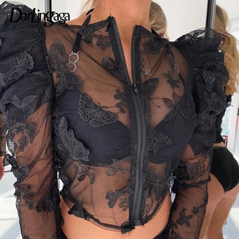 

Darlingaga Chic Floral Butterfly Embroidery Lace Mesh Blouse Shirt Zipper Puff Sleeve Crop Top Fashion Sexy Women Blouses Summer