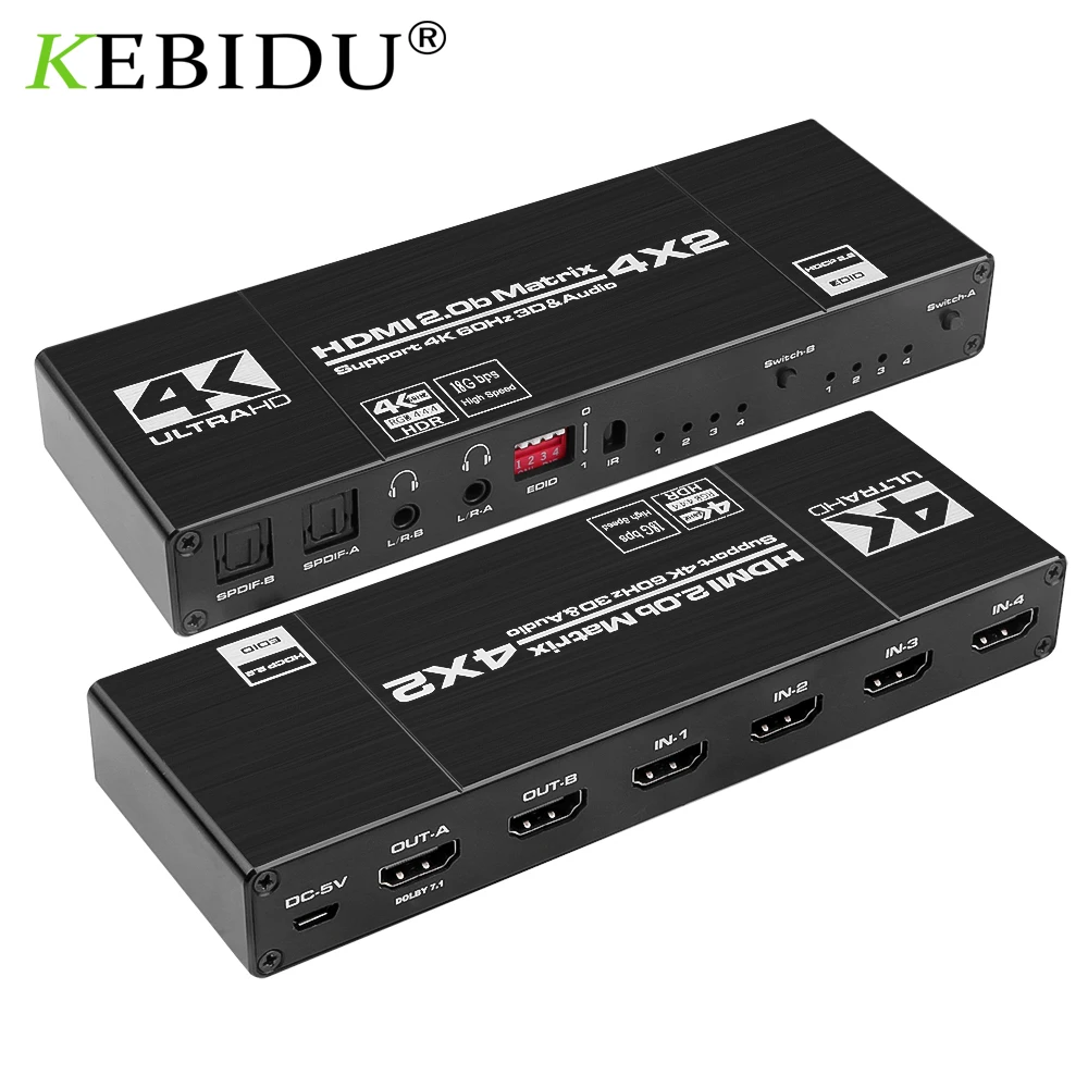 Матрица KEBIDU 4x2 HDMI-совместимый переключатель сплиттер SPDIF и L/R 3 5 мм HDR Поддержка HDCP 2