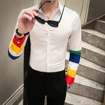 

Men's Party Casual Shirt Men Slim Long Sleeve Shirt Men's Fashion Slim Patchwork Lapel White Shirts Blouse