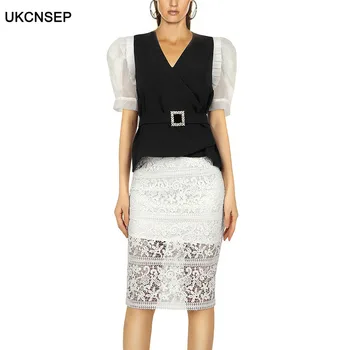 

UKCNSEP High Quality Two Piece Sets Women Dress 2020 New Arrival Puff Short Sleeve Lace Patchwork Celebrity Evening Party Dress