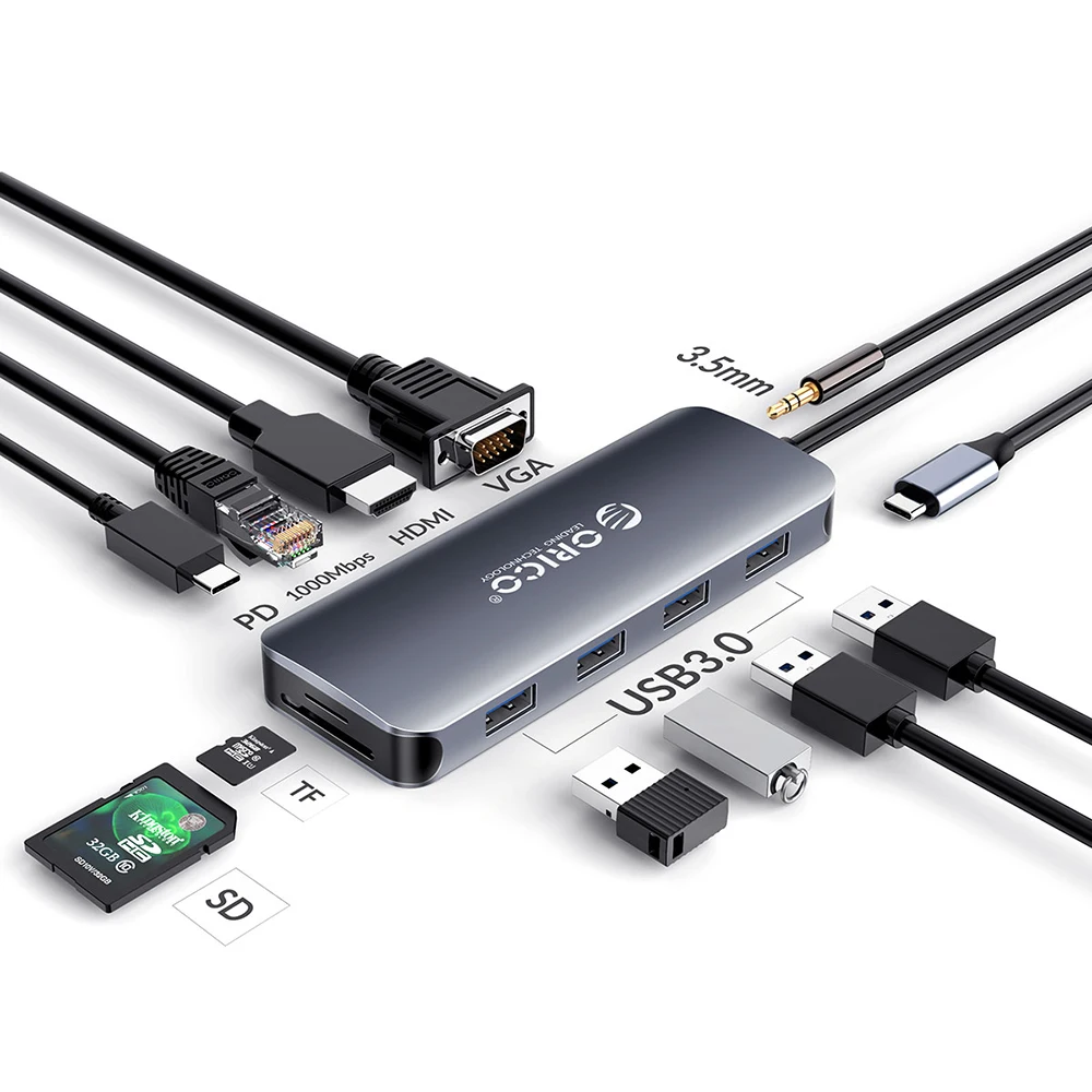 ORICO USB C концентратор для нескольких USB3.0 HDMI 100 Вт PD RJ45 кардридер 3,5 мм аудио адаптер док-станция для MacBook Pro type C 3,1 сплиттер - Цвет: 11 in 1